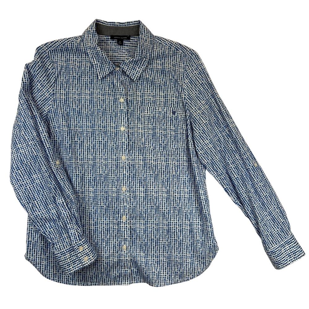 Tommy Hilfiger Shirt Womens M Blue‎ White Dotted Print Button Roll Tab Sleeve